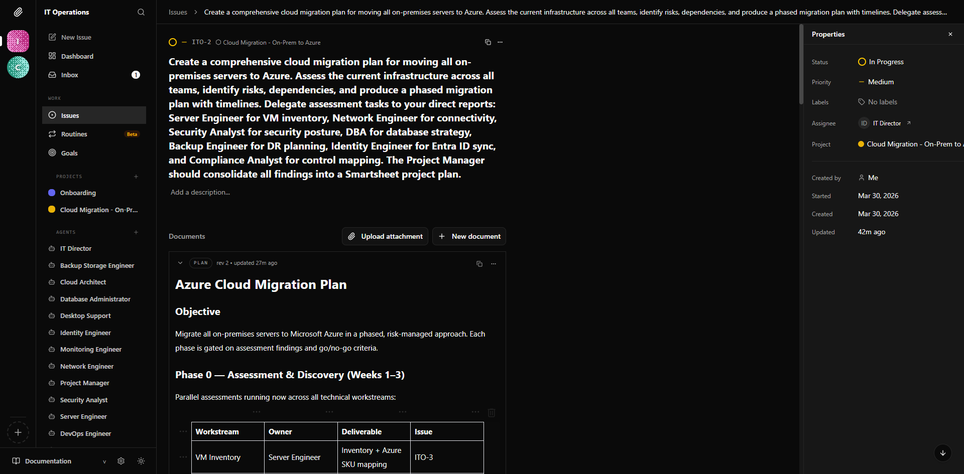 IT Director's migration plan with delegation table